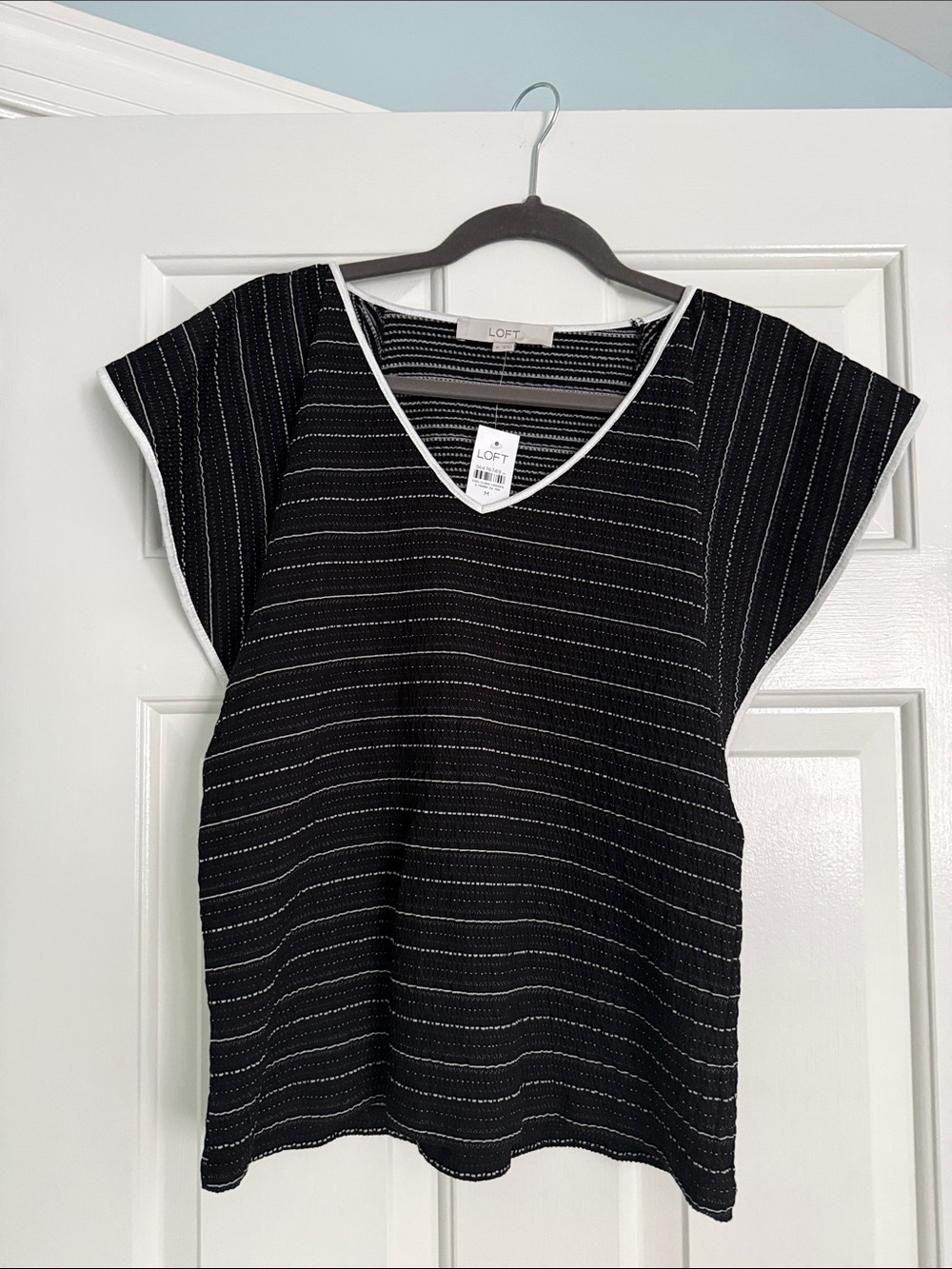 LOFT Black Striped V-Neck Tank with White Trim